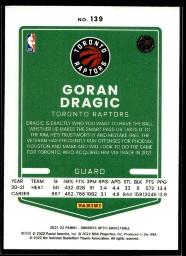 _10 2021-22 Donruss Optic Goran Dragic Toronto Raptors #139