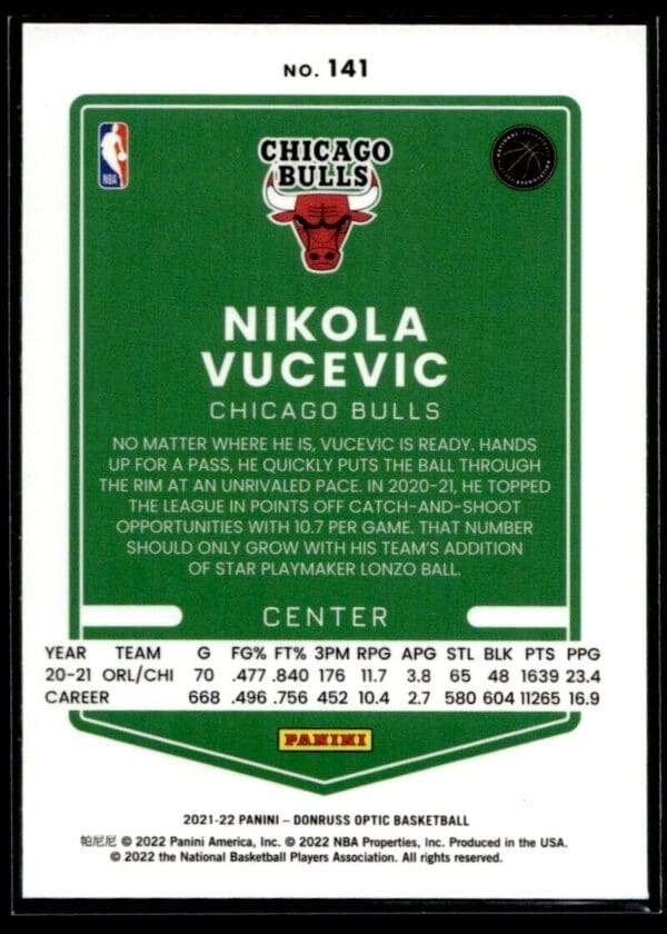 2021 Donruss Optic Chicago Bulls #141 Nikola Vucevic