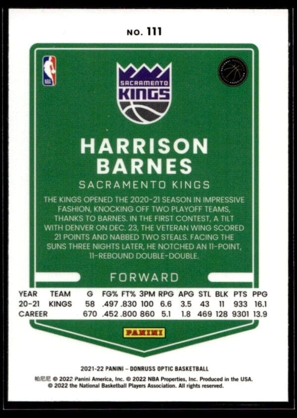 2021 Donruss Optic Sacramento Kings #111 Harrison Barnes