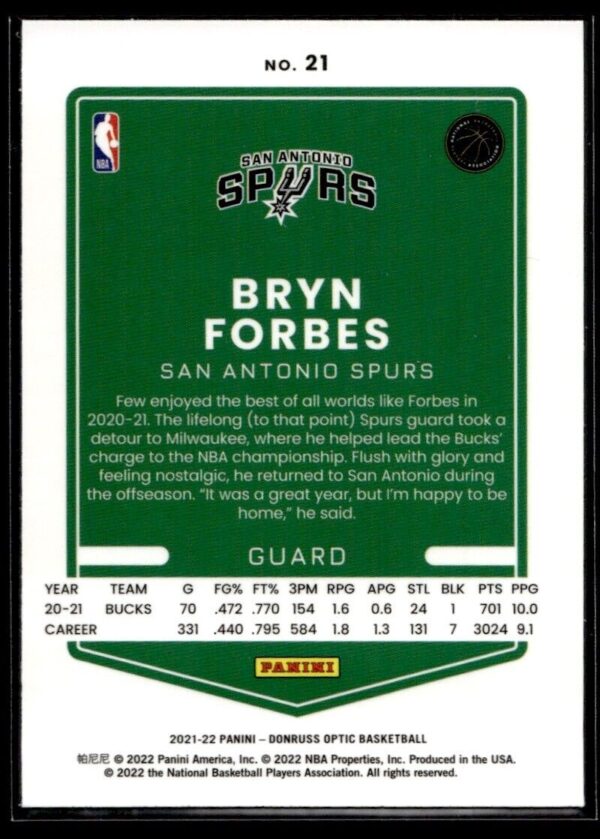 2021 Donruss Optic San Antonio Spurs #21 Bryn Forbes