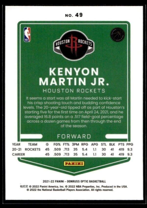 _10 2021 Donruss Optic Houston Rockets #49 Kenyon Martin Jr.