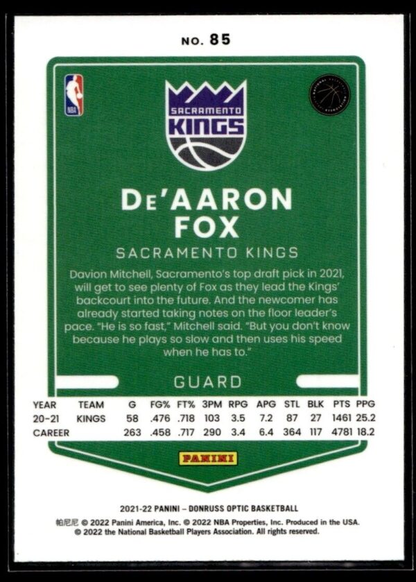 2021 Donruss Optic Sacramento Kings #85 De'Aaron Fox