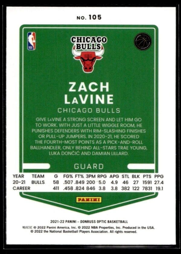 2021 Donruss Optic Chicago Bulls #105 Zach LaVine