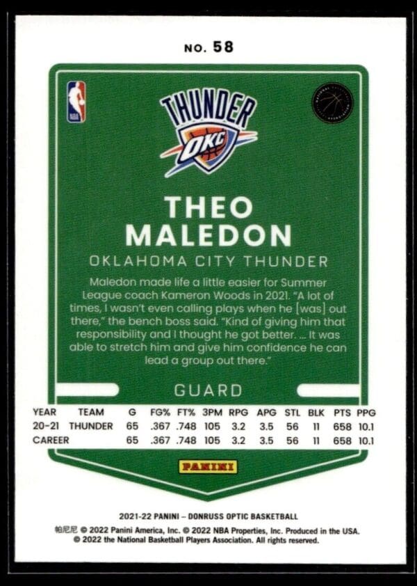 2021 Donruss Optic Oklahoma City Thunder #58 Theo Maledon