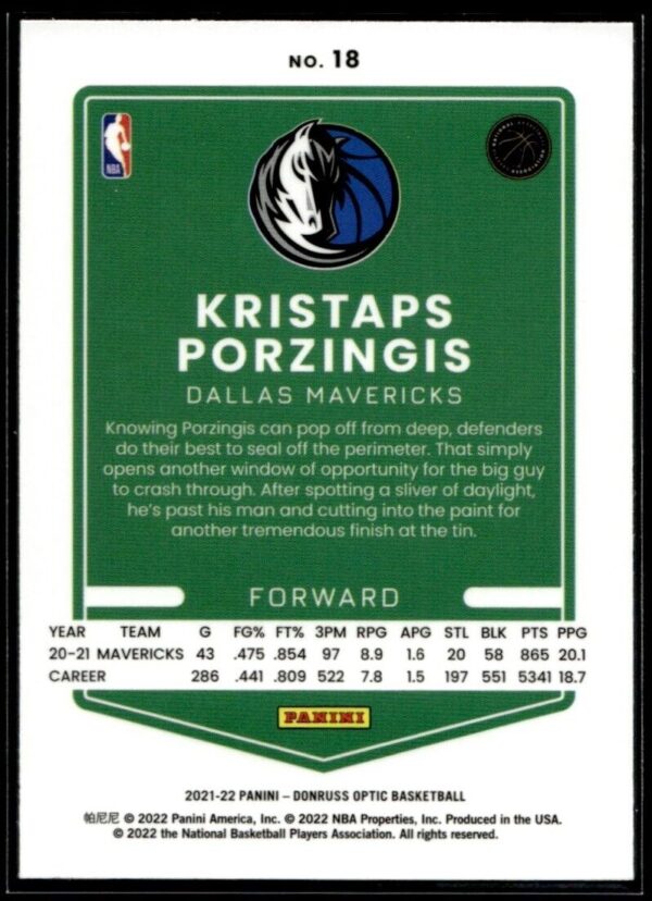 _10 2021 Donruss Optic Dallas Mavericks #57 Kristaps Porzingis
