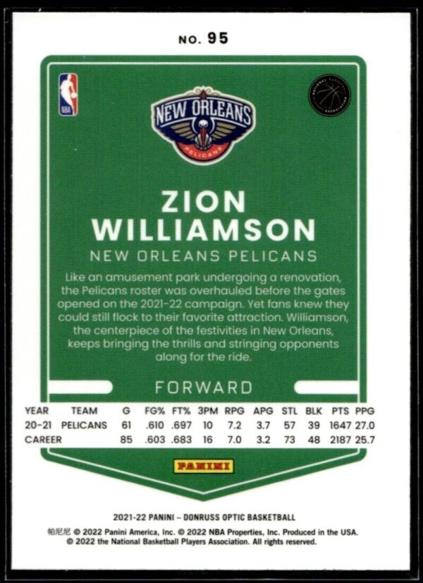 2021 Donruss Optic New Orleans Pelicans #95 Zion Williamson