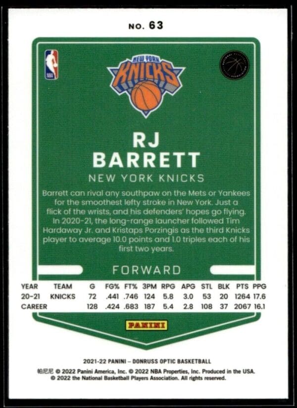 2021 Donruss Optic New York Knicks #63 RJ Barrett