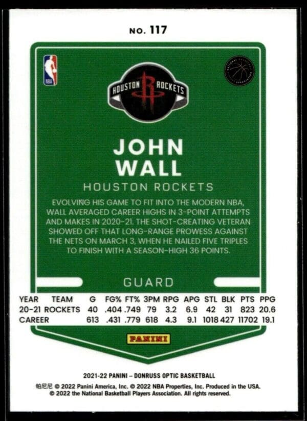 2021 Donruss Optic Houston Rockets #117 John Wall