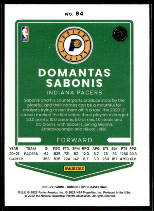 2021 Donruss Optic Indiana Pacers #94 Domantas Sabonis