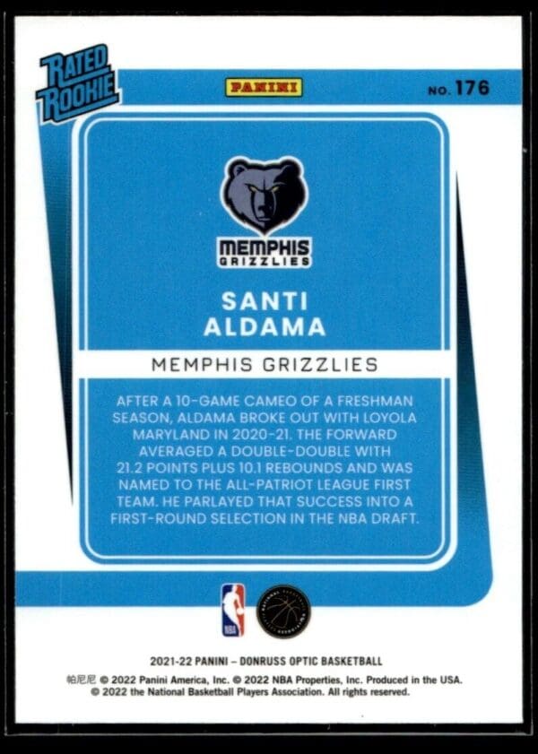 _10 2021-22 Donruss Optic Santi Aldama Rookie Memphis Grizzlies #176