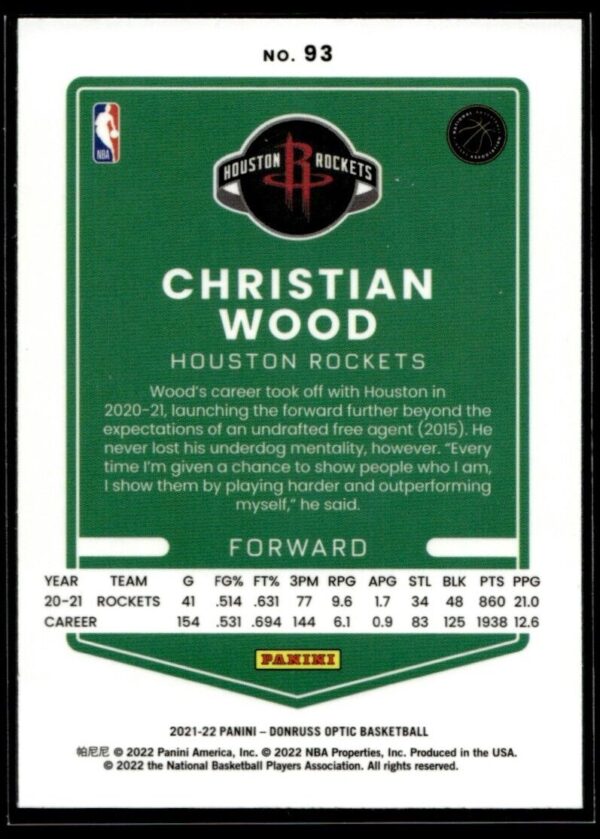 _10 2021 Donruss Optic Houston Rockets #93 Christian Wood