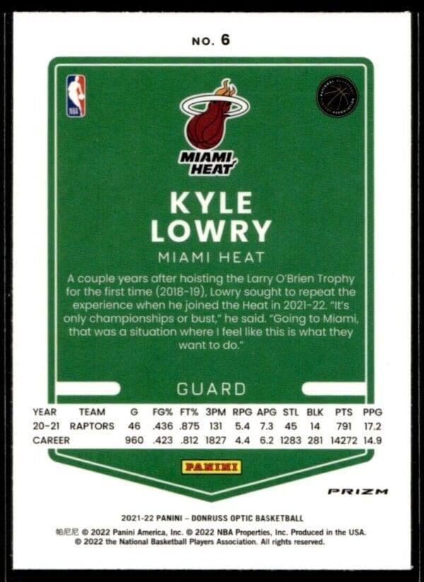 2021 Donruss Optic Miami Heat #6 Kyle Lowry Purple Holo