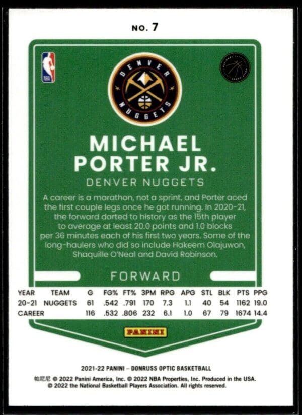 2021 Donruss Optic Denver Nuggets #7 Michael Porter Jr.