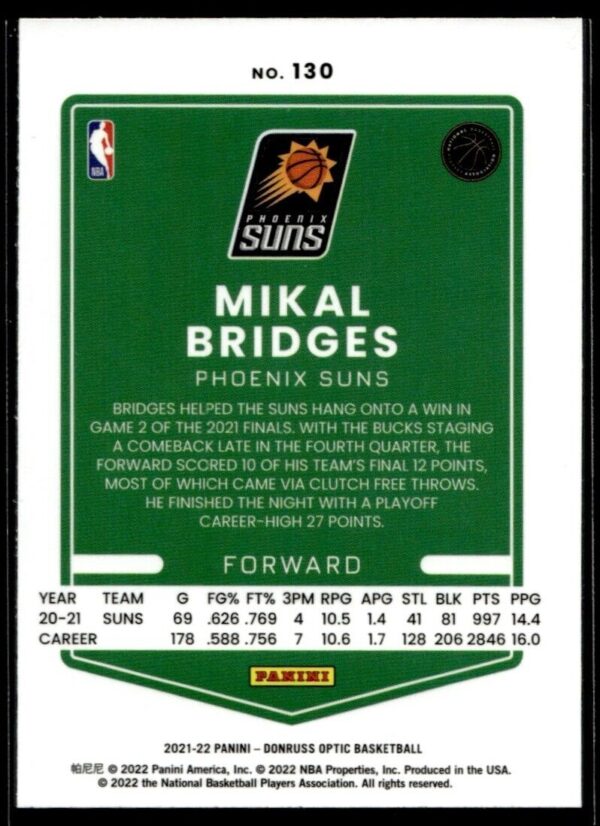 2021 Donruss Optic Phoenix Suns #130 Mikal Bridges