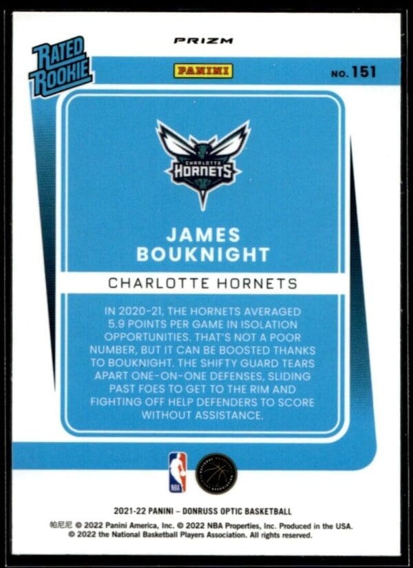 2021 Donruss Optic Charlotte Hornets #151 James Bouknight RC Rookie Holo