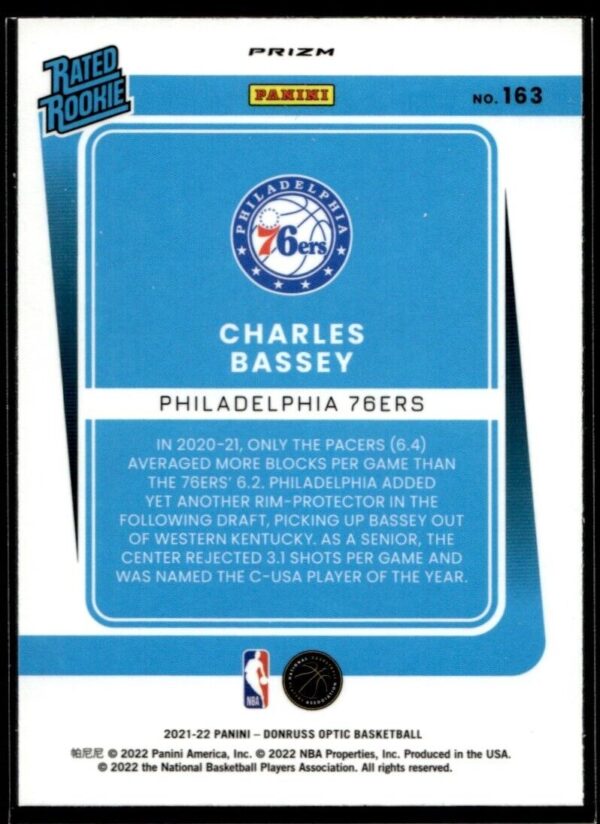 2021 Donruss Optic Philadelphia 76ers #163 Charles Bassey RC Rookie Purple Holo