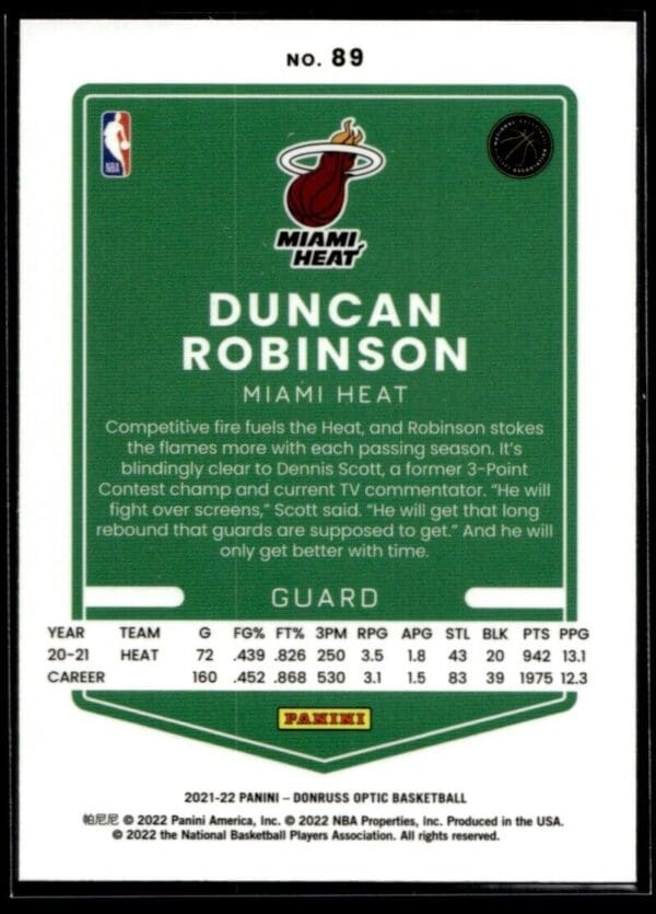 2021 Donruss Optic Miami Heat #89 Duncan Robinson