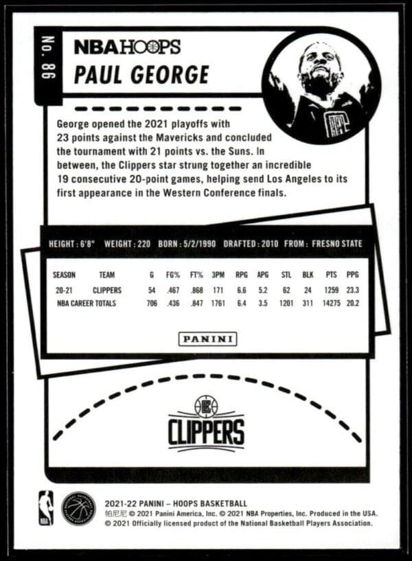 _10 2021 NBA Hoops Los Angeles Clippers #86 Paul George