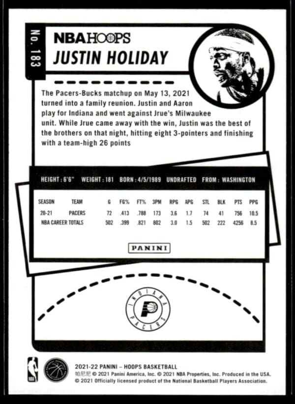 2021 NBA Hoops Indiana Pacers #183 Justin Holiday