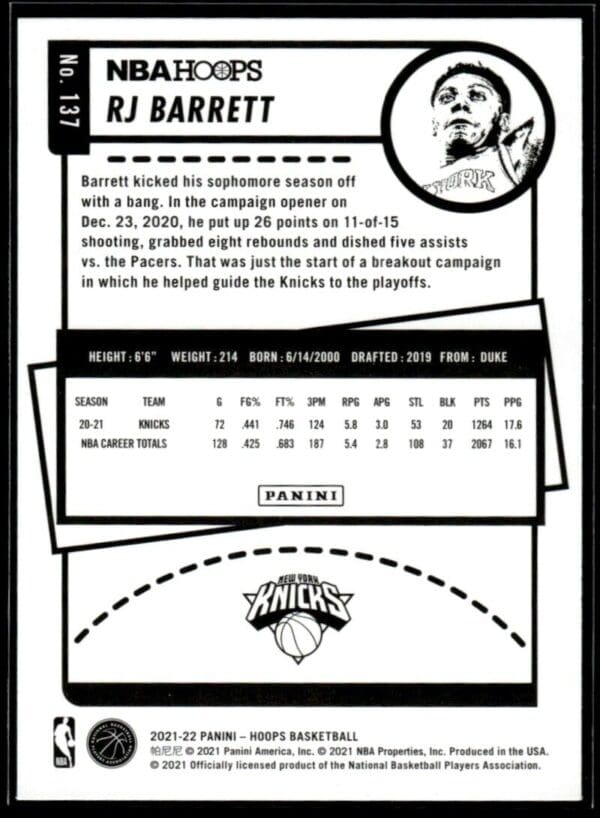 _10 2021 NBA Hoops New York Knicks #137 RJ Barrett