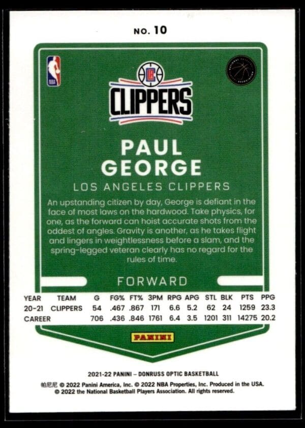_10 2021 Donruss Optic Los Angeles Clippers #10 Paul George