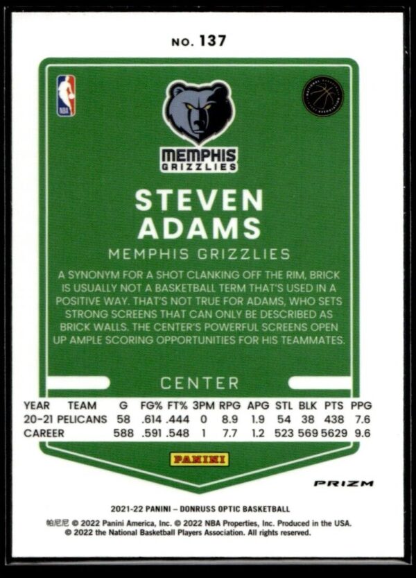 _10 2021-22 Donruss Optic Steven Adams Memphis Grizzlies #137 Holo