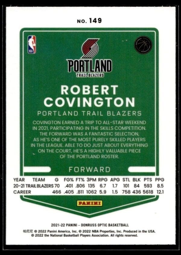 2021 Donruss Optic Portland Trail Blazers #149 Robert Covington