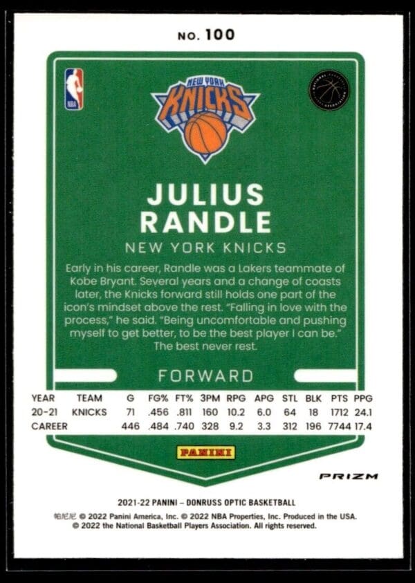 2021 Donruss Optic New York Knicks #100 Julius Randle Holo Prizm