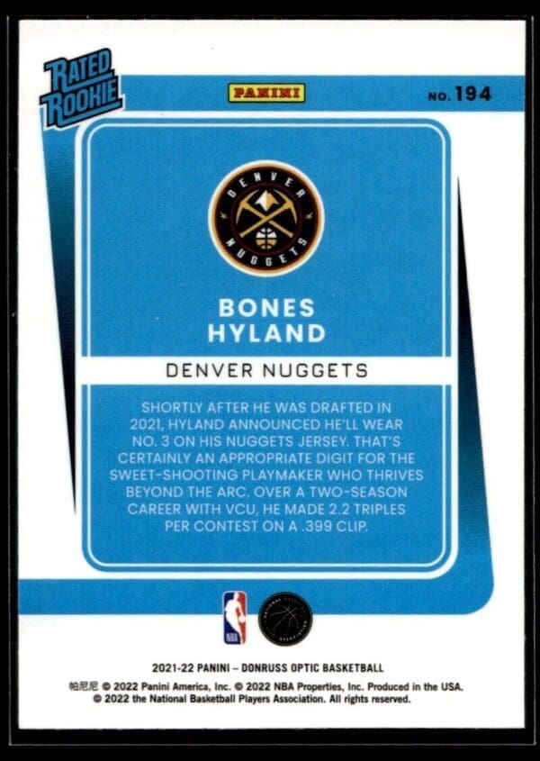 _10 2021 Donruss Optic Denver Nuggets #194 Bones Hyland RC Rookie