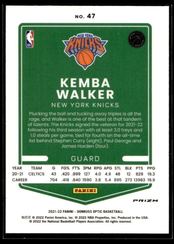 2021 Donruss Optic New York Knicks #47 Kemba Walker Holo Prizm