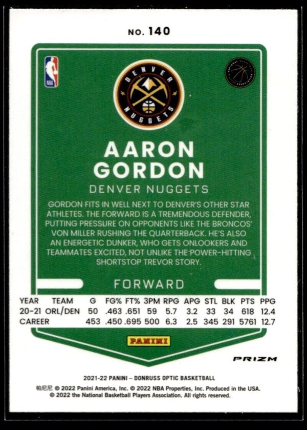 2021 Donruss Optic Denver Nuggets #140 Aaron Gordon Purple Prizm