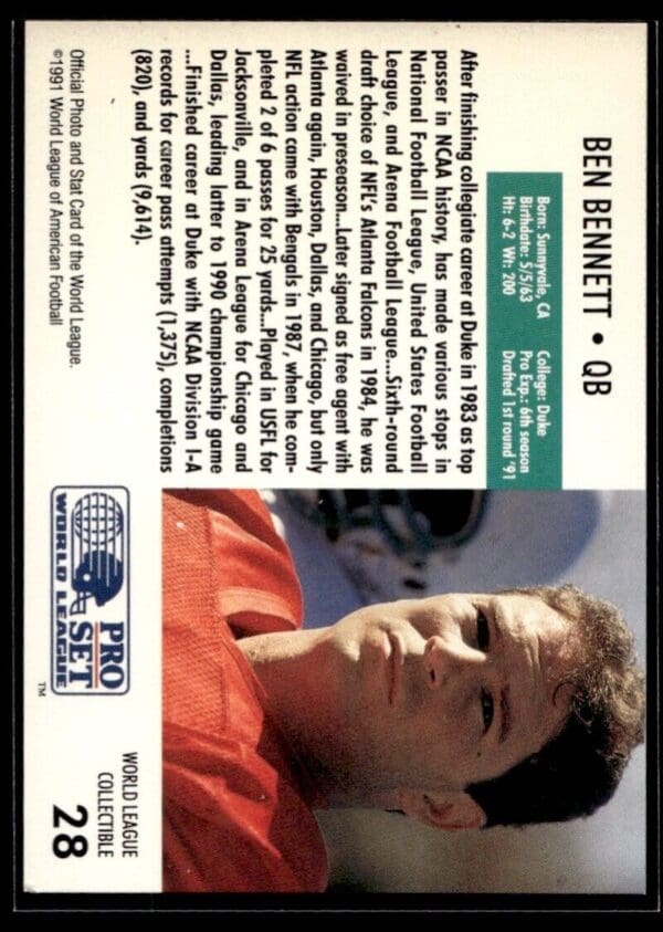 1991 Pro Set WLAF World Bowl Combo Sacramento Surge #28 Ben Bennett