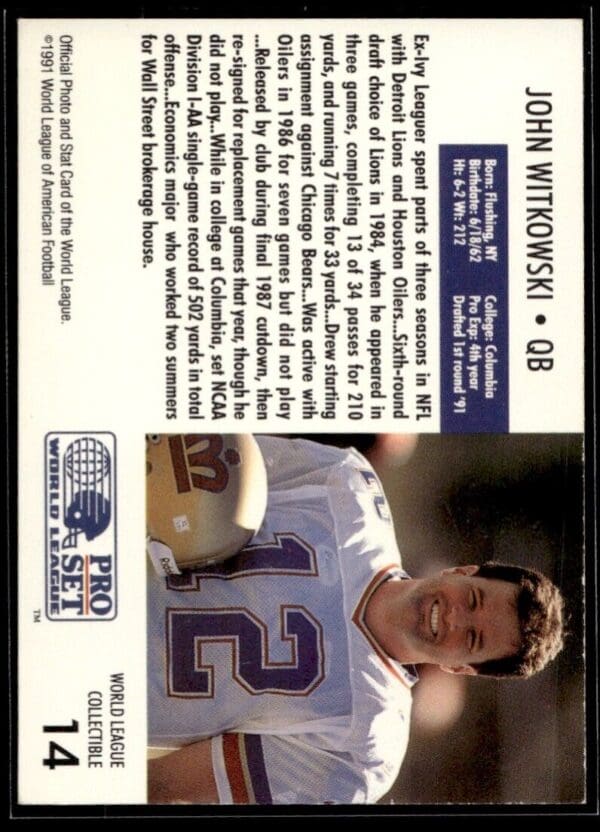 1991 Pro Set WLAF World Bowl Combo London Monarchs #14 John Witkowski