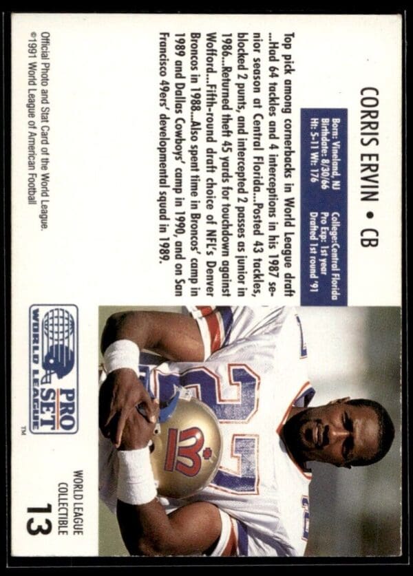 1991 Pro Set WLAF World Bowl Combo London Monarchs #13 Corris Ervin