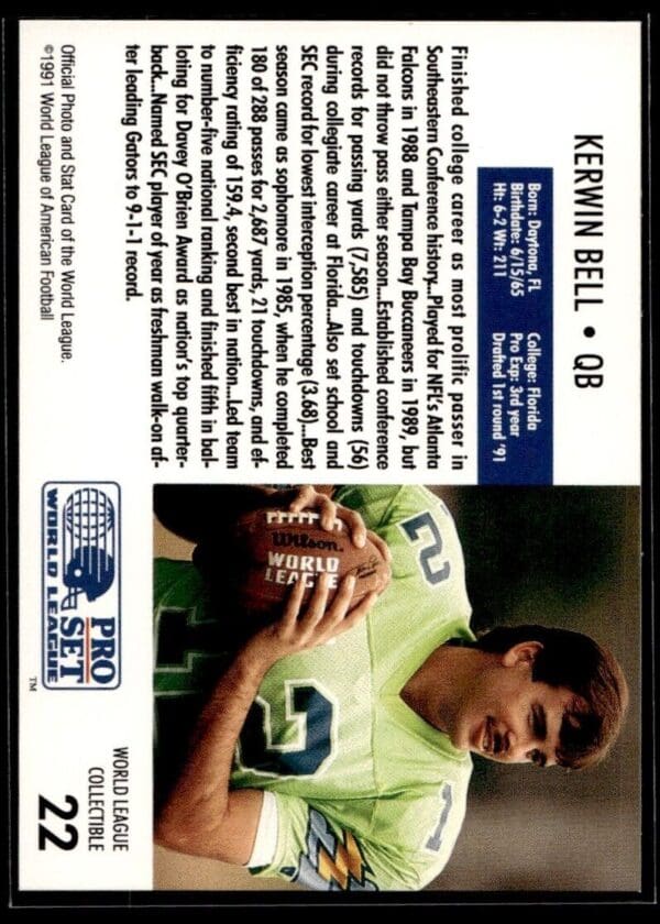 1991 Pro Set WLAF World Bowl Combo Orlando Thunder #22 Kerwin Bell