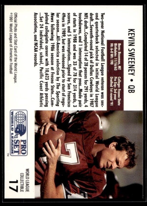 1991 Pro Set WLAF World Bowl Combo Montreal Machine #17 Kevin Sweeney