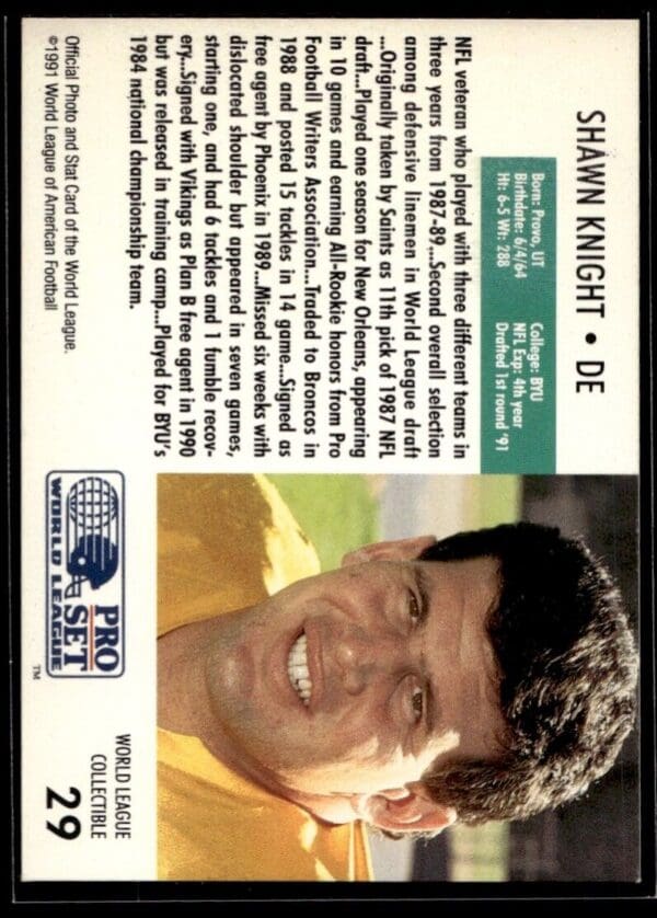 1991 Pro Set WLAF World Bowl Combo Sacramento Surge #29 Shawn Knight