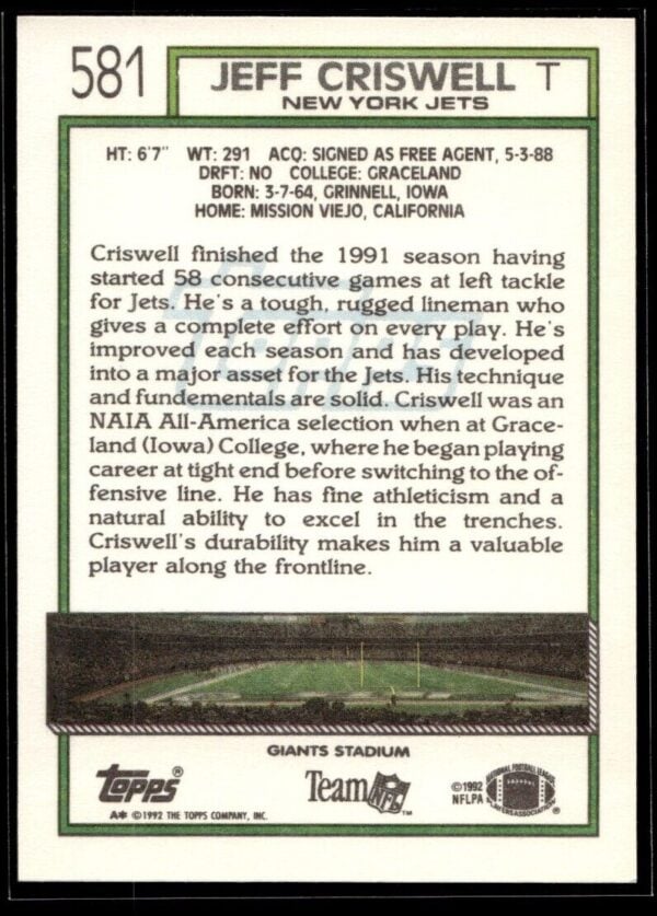 _10 1992 Topps New York Jets #581 Jeff Criswell