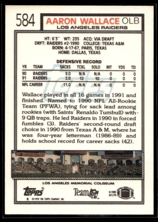1992 Topps Los Angeles Raiders #584 Aaron Wallace