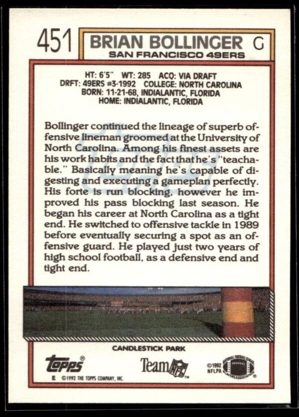 1992 Topps San Francisco 49ers #451 Brian Bollinger RC Rookie