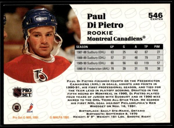 1991 Pro Set Montreal Canadiens #546 Paul DiPietro RC Rookie