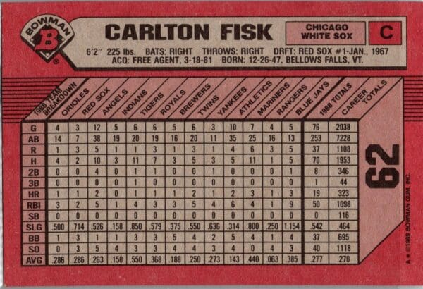 1989 Bowman Chicago White Sox #62 Carlton Fisk