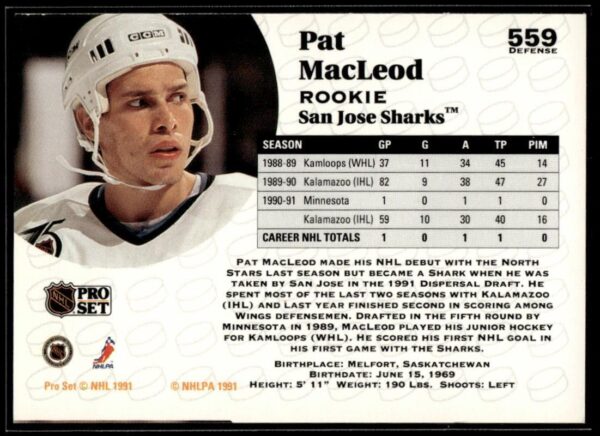 1991 Pro Set San Jose Sharks #559 Pat MacLeod RC Rookie