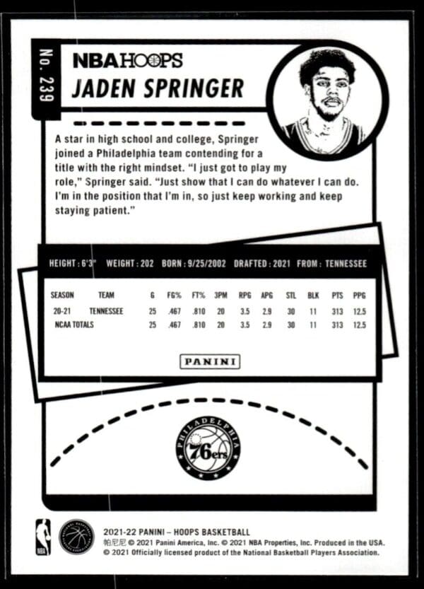 _10 2021 NBA Hoops Philadelphia 76ers #239 Jaden Springer RC Rookie
