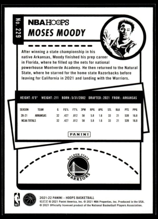 2021 NBA Hoops Golden State Warriors #229 Moses Moody RC Rookie