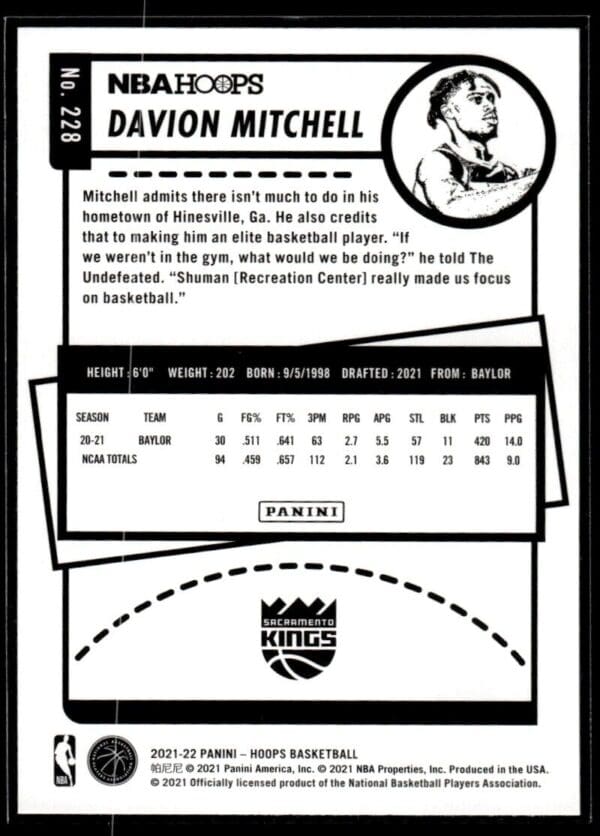 2021 NBA Hoops Sacramento Kings #228 Davion Mitchell RC Rookie