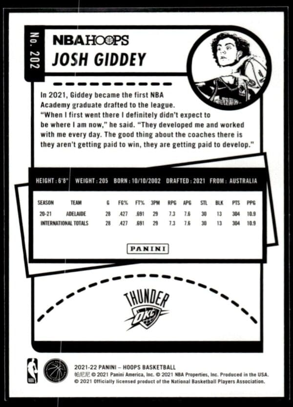 2021 NBA Hoops Oklahoma City Thunder #202 Josh Giddey RC Rookie