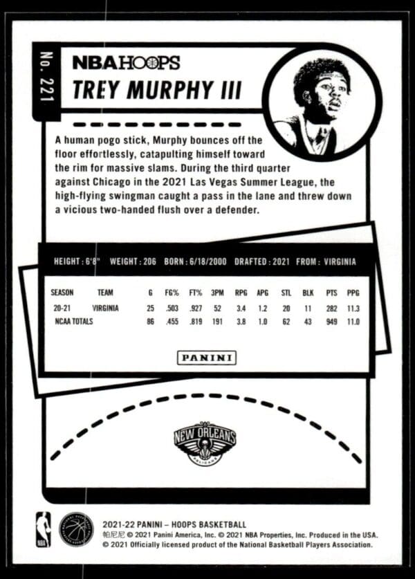2021 NBA Hoops New Orleans Pelicans #221 Trey Murphy III RC Rookie