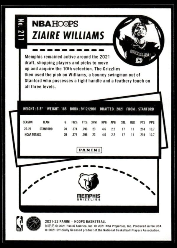 2021 NBA Hoops Memphis Grizzlies #211 Ziaire Williams RC Rookie