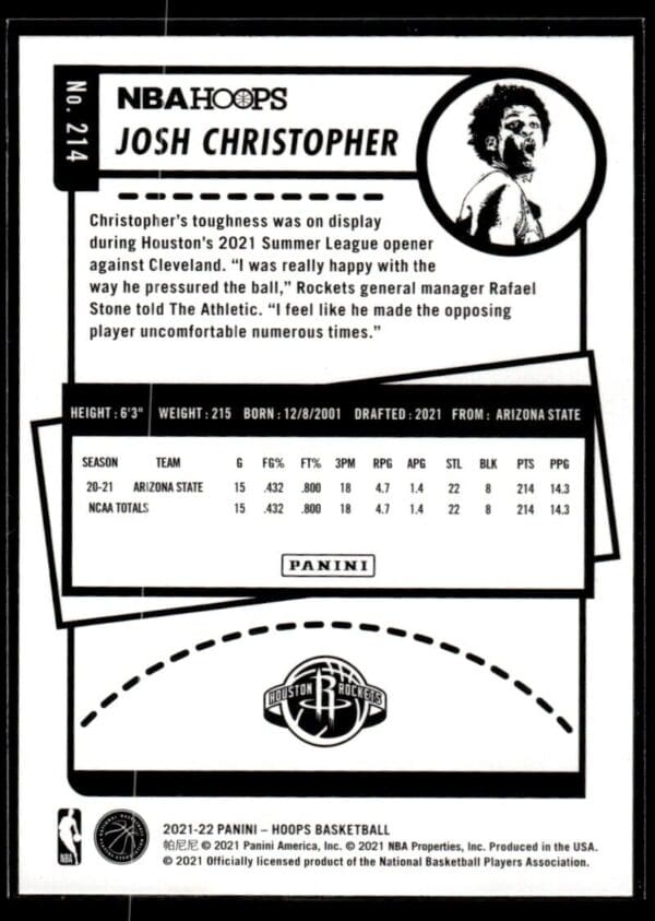 2021 NBA Hoops Houston Rockets #214 Josh Christopher RC Rookie